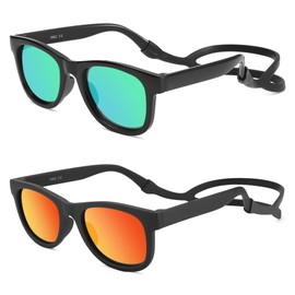 LIU·WEN Polarized Baby Sunglasses with Silicon Strap - Bendable Flexible for Infant Newborn Age 0-18 Months(Black/Green Mirror+Matte Gray/Orange)