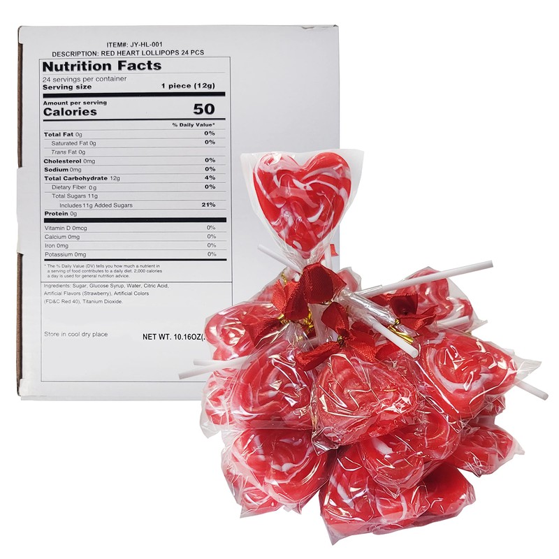 Naturejam Red Heart Lollipops 24 Count-Individually Wrapped Hard Candy For