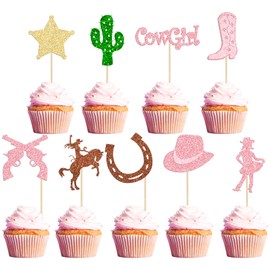 36 piezas de decoración de magdalenas de vaquera, zapatos de caballo con purpurina, pistolas de cactus, sombreros de vaquera, botas para decoración de pasteles para bebés y niñas con temática occidental, suministros de decoración de fiesta de cumpleaños