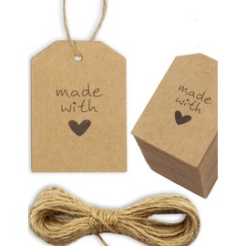HOMETOOLS.EU® 100 Kraft Paper Gift Tags, Paper Signs Made with Love with Jute String, 5.5 x 4 cm