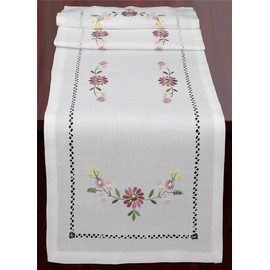 Creative Linens Hemstitch Embroidered Daisy Flower Table Runner 15x52 Dresser Scarf White Rectangular