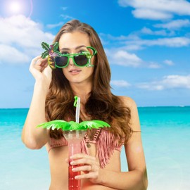 Relaxdays 10024246 Hawaiian Party Glasses, Funny Sunglasses with Palm Tree and Cocktail, Flamingo Gag Glasses, Fun Glasses, Carnival, Green, Hawaii