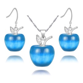 Uloveido Charm Blue Apple Pendant Necklace and Earrings Set for Women, Platinum Plated Fashion Collarbone Necklace Jewelry Set Friendship Gift YL007