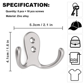 yenlk 8 PCS Double Prong Robe Hooks, Dual Coat Door Hooks with 16 PCS Screws, Chrome Wall Mounted Hooks for Hanging Hat Tie Clothes Towel Metal Retro Cloth Hanger Silver for Bedroom Bathroom Kitchen