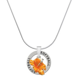 Delight Jewelry Silvertone Hot Orange Hibiscus Flower - Silvertone Softball Message Ring Necklace, 18"