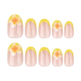 Press on Nails Short Ovalt Fake Nails with Flower Designs Yellow French Tip Nails Press Ons Nude Acrylic Nails Spring Summer Glue on Nails Glossy False Nails Cute Stick on Nails for Women 24PCS