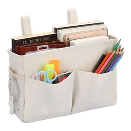 IGNPION Canvas Bedside Hanging Storage Bed Pockets Baskets-Adjustable Hanging Tape Dormitory Bed Organiser Caddy Mulit-purpose Hanging Storage Bag for Home Office School Dorm Hospital, White