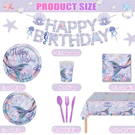 170Pcs Mermaid Birthday Party Decorations , Mermaid Party Supplies Set Includes Napkins, Tablecloths, Cups, Plates, Knives, Forks, Spoons, Ocean Theme Birthday Party Banners, Serves 24