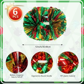 6 Pcs Gold Green Red Metallic Cheerleading Pom Poms, 12Inch Cheerleader Pompoms with Baton Handle for Kids Adults School Team Sports Games Dance Cheering