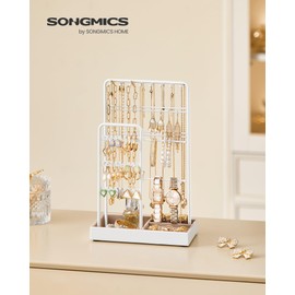 SONGMICS Jewellery Stand, Jewellery Organiser, Jewellery Display Stand with Metal Frame and Velvet Tray, Earring Bracelet Holder, Necklace Stand, for Studs, Rings, Gift Idea, White JJS021W01