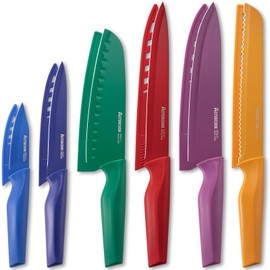 Astercook 6 Piece Color-Coded Kitchen Knife Set, Stainless Steel Chef Knives with 6 Anti-Rust Coating Blades and Blade Guards, Dishwasher Safe