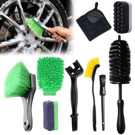 9 Pakcs Motorcycle Cleaning Kit, Chain/Tire/Wheel/Engine Brush, Motorcycle Overal Cleaner Tools Kit with Hard Reach Brush Wash Mitt Towel Applicators Polishing Sponge, Chain Cleaning Kit for Car Bike