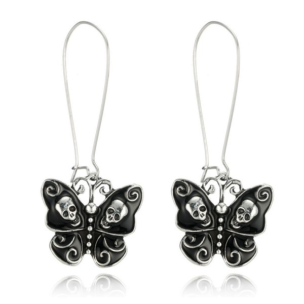 Unique Black Butterfly Skull Dangle Hook Drop Earrings