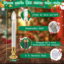 4 Pack Window Candles Battery Operated with Timer,Christmas Window Candle Lamps with Golden Plated Holders&4 Suction Cups,Electric Window Candles Light for Christmas Dinner Wedding Party Decoration