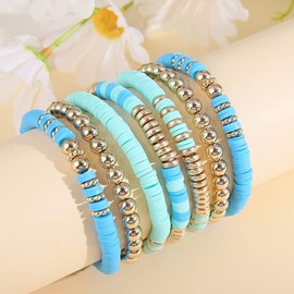 Pingyongchang Gold Beaded Bracelets Set for Women Men Bohemian Friendship Vinyl Disc Stretch Layering Stackable Bead Bracelet Summer Surfer Heishi Clay Beach Jewelry Gifts-Blue