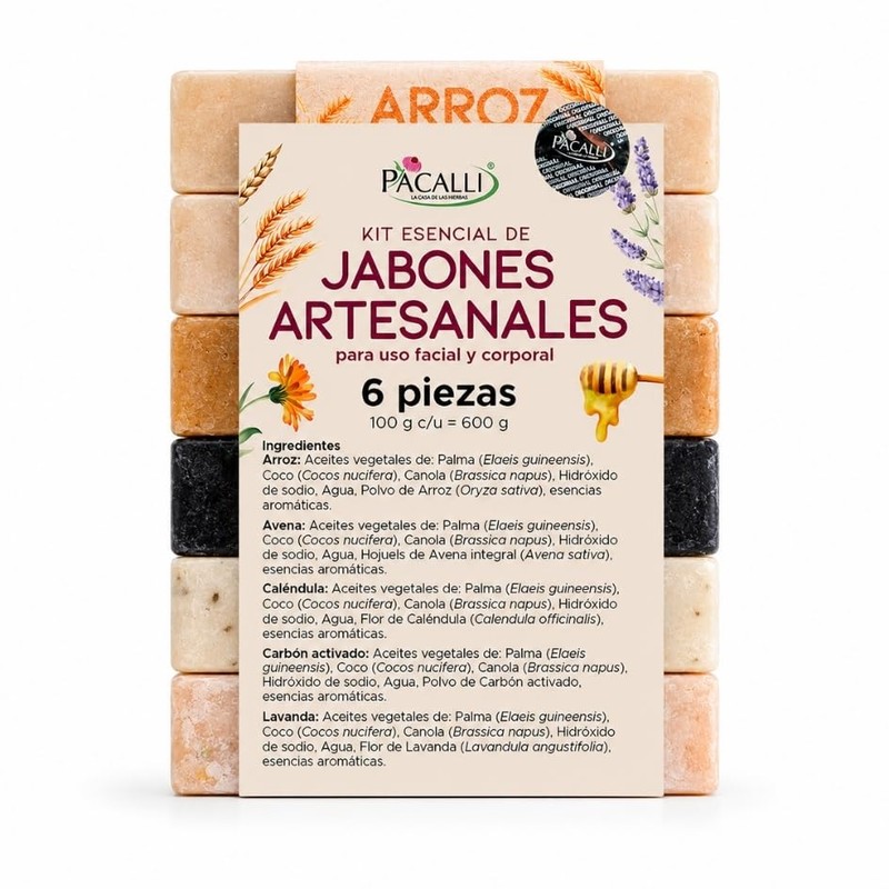 PACALLI Jabones Artesanales 6 Pack - Avena, Caléndula y Miel