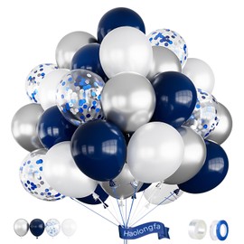 Haolongfa Navy Blue and Silver Balloons,12 Inch 60pcs Navy Blue Balloons with Silver Confetti Balloons,Pearl White Latex Balloons for Graduation,Birthday,Baby Shower,Anniversary,Wedding,Party