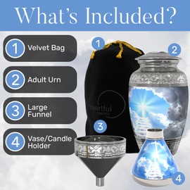 Stairway to Heaven Cremation Urn for Human Ashes (4-Piece Set) with Handcrafted Funnel and Vase (Large Size, Christian Catholic Cross Adult Male/Female)