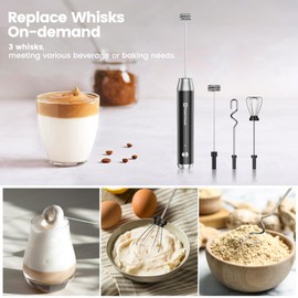 Maestri House Rechargeable Milk Frother with 3 Heads, LunaFro AS Handheld Electric Foam Maker Waterproof Detachable Stainless Steel Whisk Drink Mixer Foamer with Stand for Lattes, Cappuccino, Egg