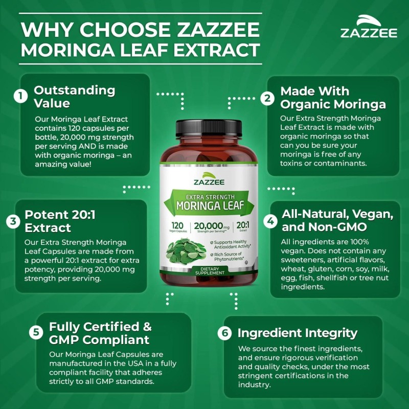 Zazzee Organic Moringa 20:1 Extract, 20,000 mg Strength, 120 Vegan