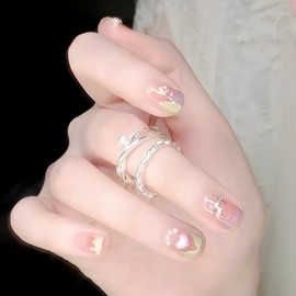ALLEVG Nail Tips, Pink, 24 Pieces, Cute Macaron, Press-On, Milky Green, French Tips, Pearl Beads, Natural and Cute, Skin-friendly Salon Style, Removable Gel Nails