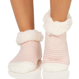 Cleostyle - Collection Women's Warm Slipper Socks with ABS Sole and Warming Teddy Fur in Short 37 (Pink/Stripes), Pink stripes
