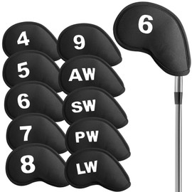 Golf Iron Head Covers Neoprene Hook and Loop Fastener Closure Number Value 10 Pcs, Golf Club Headcover Lightweight Soft Protection in Blue Black Pink for Men Women (Black)