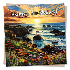 Abstract Coastline Scene Happy Birthday Card - Beautiful Sunny Coast - Birthday Card - Made in UK