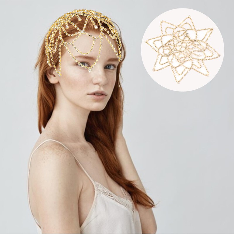 Golden Head Chain, Rhinestone Mesh Headpiece Cap, Jewellery Head Chain,