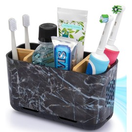 GFWARE Marble Toothbrush Holders, 5 Slots Bamboo Toothbrush and Toothpaste Holder for Bathroom Counter with Drainage, Kids Electric Toothbrush Organizer, Black Toothbrush Holders for Bathrooms