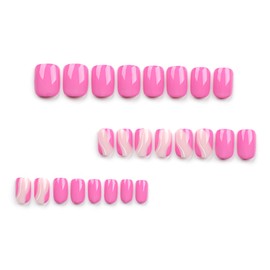 Short Square Press on Nails Pink Fake Nails Glossy Acrylic Nails Squoval Press ons Full Cover Stick on Nails Line Waves False Nails Glue on Nails Artificial Nails for Women Girls 24 Pcs