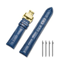 MUENShop Watch Strap with Folding Clasp Leather Quick Release Genuine Leather Strap for 18 mm - 24 mm Black Brown Blue Green Calfskin Replacement for Men / Women, Blue gold, Classic