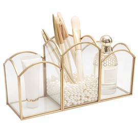 HARLIANGXY Glass Make Up Brush Holder, Vintage Cosmetic Brush Storage, Make Up Brush Organiser, Cosmetic Organiser Gold, Make Up Container, Cosmetic Organiser for Dressing Table, Bedroom