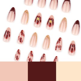 Fall Press on Nails Short Almond Wine Red Fake Nails Short French Tip False Nails with Flower Gold Line Designs Acrylic Nails Autumn Glue on Nail Glossy Almond Artificial Stick on Nail for Women 24Pcs