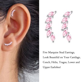 Sterling Silver Stud Earrings for Women, Cubic Zirconia Leaf Shaped Cluster Cartilage Climber Earrings Upper Ear Helix Piercing Tragus studs for Girls Gifts Pink
