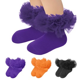 Zando Toddler Ruffle Socks Girls 2T-3T Kids Princess Style with Double Lace Frilly Baby Cotton Stockings Newborn Little Girls Dress Ankle Turn Cuff Tutu Socks 1-3T Black/Dark Purple/Orange
