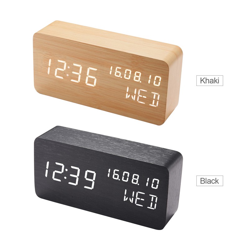 Desk Wooden Alarm Clock with Voice Control Date Temperature Adjustable