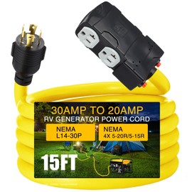 Kanayu 15FT 30 to 20 Amp 110V Generator Distribution Adapter Compatible with NEMA L14-30P to NEMA 4X 5-20R/ 5-15R, 4 Prong Generator Locking to Four Household Outlet with 20 Amp Circuit Breaker