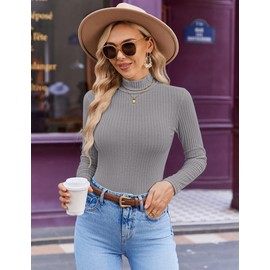 Ekouaer Women's Mock Turtleneck Long Sleeve Shirts Ribbed Knit Lightweight Pullover Sweater Stretch Fitted Thermal Top Light Grey XL