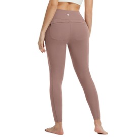 baleaf Women's Leggings with 6 Pockets 25'' Tummy Control Workout Yoga High Waisted 7/8 Ankle Pants Brown L