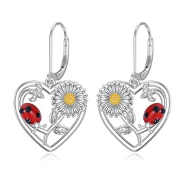 Daisy Earrings Sterling Silver Daisy Flower Floral Ladybug Dangle Dangling Drop Charm Earrings Boho Jewelry Gifts for Women
