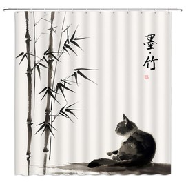 Asian Black Cat Shower Curtain Bamboo Tree Fluffy Kitten Retro Japanese Ink Painting Art Traditional Oriental Vintage Chinese Bathroom Decor Curtains with Hooks