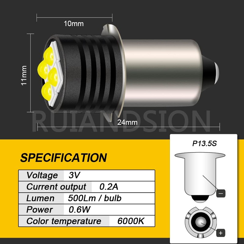 Ruiandsion P13.5S LED Flashlight Bulb 3V 3030 4SMD Chips LED