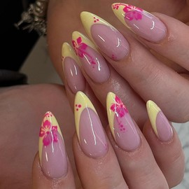 French Tip Press on Nails Almond Fake Nails with Flowers Design Yellow French Tip Nails Acrylic Full Cover Pink Hawaii Flower Print Summer Glue on Nails Medium Length Stick on Nails for Women 24PCS