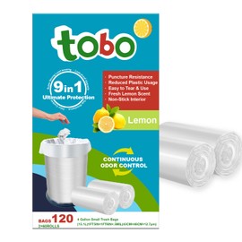 Tobo Small Trash Bags, 120 Count (4 Gallon / 15.1L), Lemon Scented – Durable, Leak-Resistant, Easy Tear, Odor Control, Non-Stick Interior, Made with Reduced Plastic