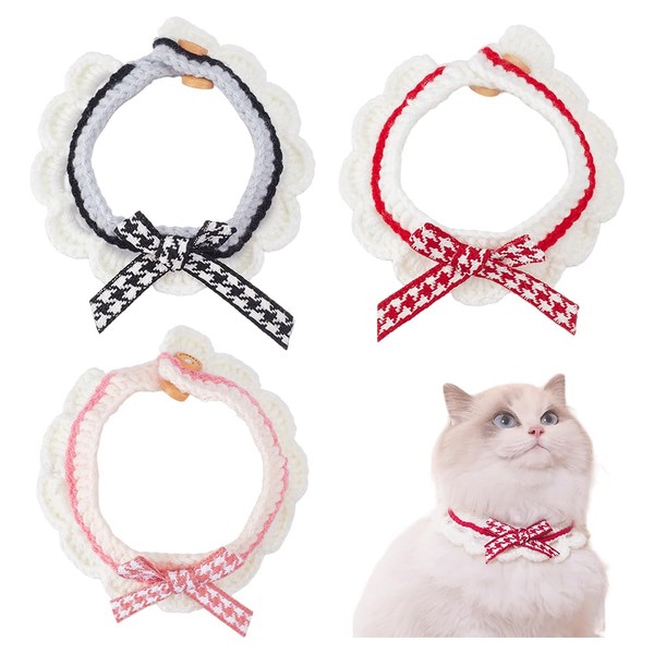 FINGERINSPIRE 3PCS Knitted Cat Collars Handmade Pet Collar with Buckle