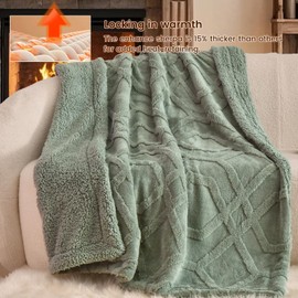 PHF Fluffy Sherpa Fleece Blanket King Size for Winter, Warm and Cozy, 510GSM 3D Tufted Shaggy Fleece Blanket for Sofa Bed, Sage Green, 108"x90"