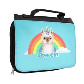 Kulturbeutel mit Namen Owen und Llama-Einhorn-Motiv | Kulturtasche mit Vornamen | Waschtasche für Kinder