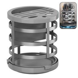 Universal Knife Holder and Kitchen Utensil Holder, KoudHug Knife Block Without Knives Stainless-Steel and PP Knives Storage 10 Slots with Rotating Countertop Large Capacity Knife Organizer (Grey)