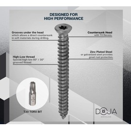 DOJA Industrial Concrete Screws Torx 7.5 mm x 72 mm Pack of 25 Round Head Chipboard Screws Screw Anchor Steel Galvanised Flat Head Universal Screws Countersunk Screws / Wood Screws Torx